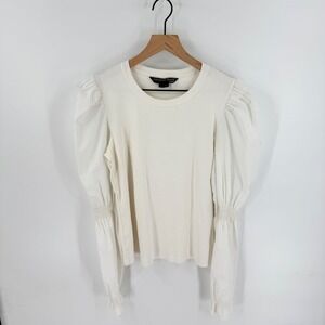 Veronica Beard Jeans Puff Sleeve White Top Size L Ribbed Minimalist Designer